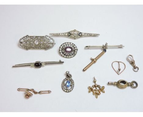 Five paste bar brooches, a paste pendant, a gold split pearl pendant, together with scrap gold and a watch key