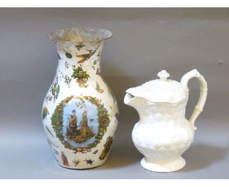 A Decalcomania glass baluster vase, 29cm high, decoration worn and cracked, and a Don pottery jug and cover, with floral moul