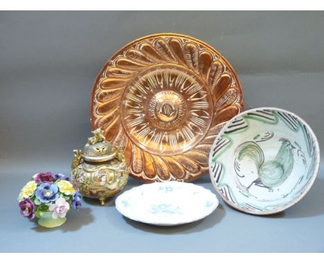 A Continental tin glaze copper lustre plaque, 44cm, a chicken bowl, a Satsuma koro, a faience plate, and a vase of flowers