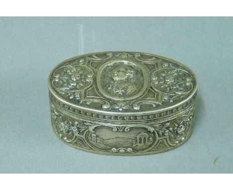 An oval Hanau silver box, by George Roth and Co, circa 1900, with embossed portrait, landcapes and foliate decoration, pseudo