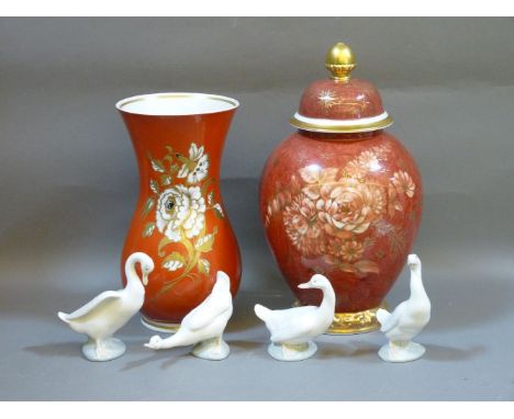 A large Rosenthal vase and cover, a Schau Back vase, and four Nao porcelain ducks