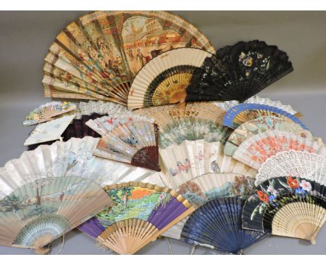 A large collection of fans, including mother of pearl stick example, and gilt painted example