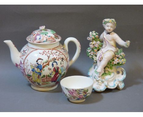 A Worcester? porcelain teapot and lid, Chinese decoration, cracked and chipped, a Derby type cherub figure, and a tea bowl