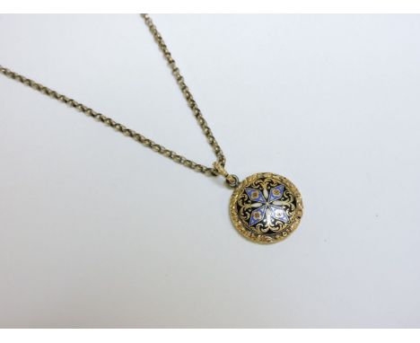 A champlevé enamel memorial locket, and gold chain