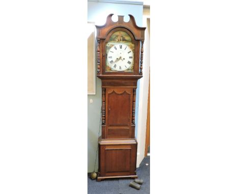 A 19th century Scottish longcase clock, the oak and mahogany case, arched dial painted with Highland scenes, and an eight day