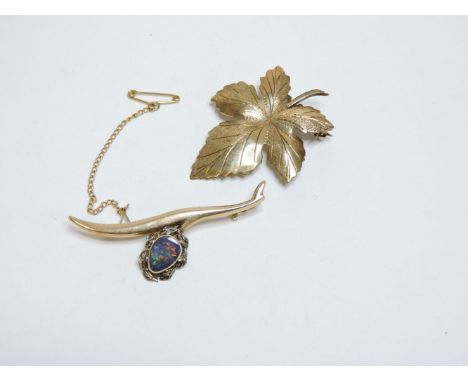 A 9ct gold leaf brooch, and an opal doublet brooch stamped 10k