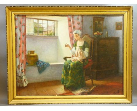 R... Cuty?A LADY SEWING IN AN INTERIORSigned l.r., oil on canvas, gilt frame60 x 81cm