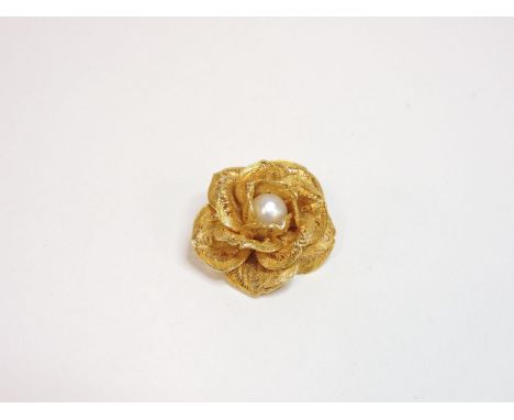 A cultured pearl set filigree rose brooch, marked K18