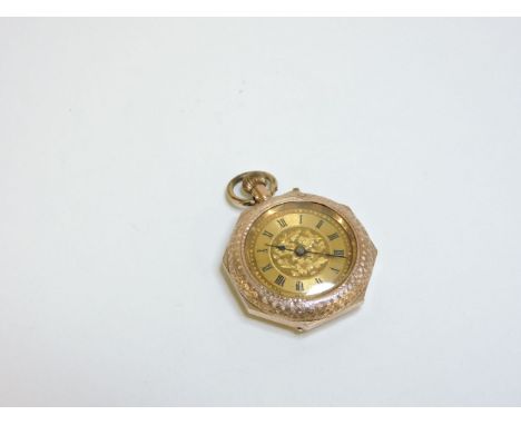 A gold fob watch, with enamel back case, marked 9c