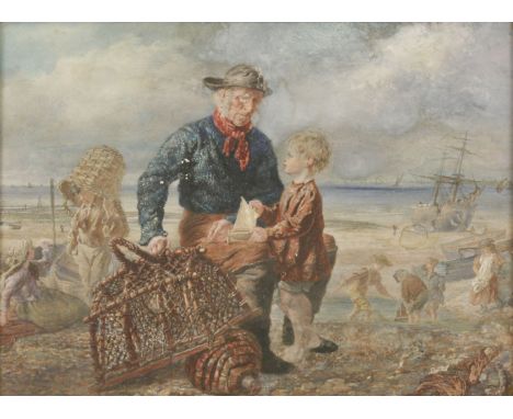 Frederick Barnard (1846-1896)A FISHERMAN ON THE SHORE, CHILDREN PLAYING WITH MODEL YACHTSWatercolour and bodycolour35 x 47cm