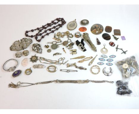 A sterling silver buckle, garnet beads, a ladies Rotary watch, and assorted silver and costume jewellery