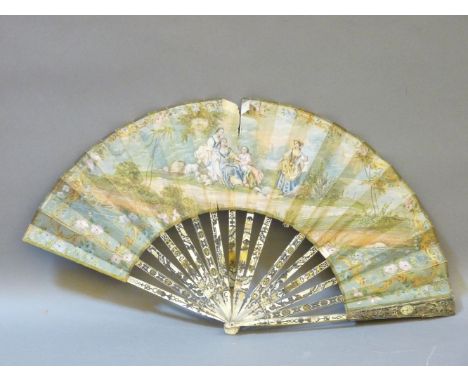 A 19th century Continental painted fan, with figure amongst parkland, the reverse with hills and a lake, with mother of pearl