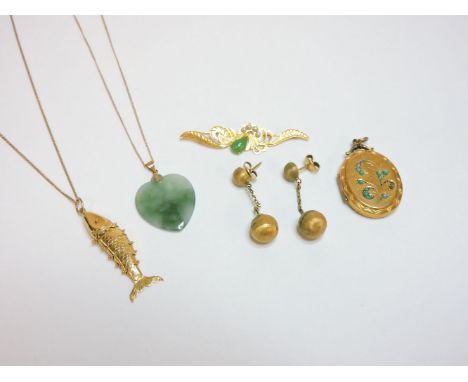 A pair of brushed gold drop earrings, tested as approximately 9ct gold, an Asian gold jade and cultured pearl brooch, a turqu