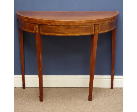 George III inlaid mahogany demi-lune card table, fold over top with baize lining, banded in walnut, on double gate leg action