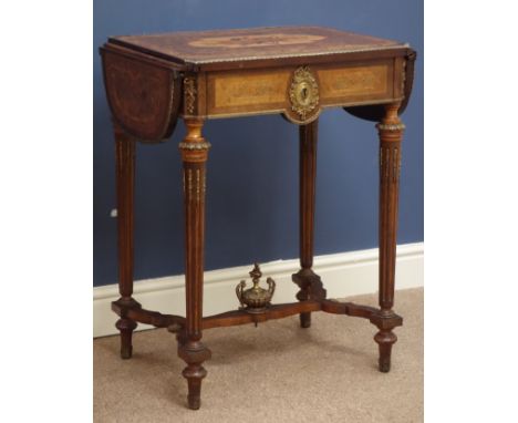 Late 19th century French ladies gilt metal mounted walnut fall leaf dressing table, the top inlaid with leaf entwined branch 