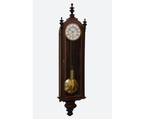 Early 19th century boxwood strung rosewood cased Beidermier Vienna wall clock, white enamel Roman dial, singe train month dur
