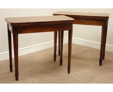 Pair early 19th century mahogany card tables, rectangular top with satinwood banding and rounded corners, fold over and baize