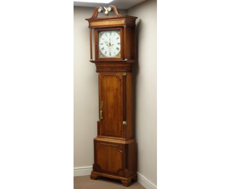 Early 19th century oak and mahogany banded longcase clock, canted corners with fluted quarter columns, panelled base, on ogee