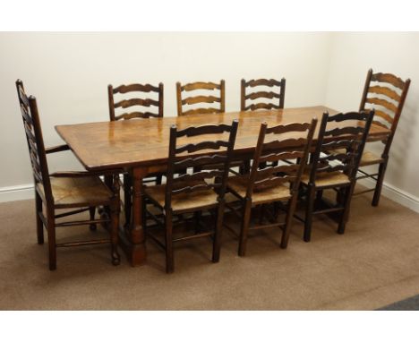 Large 17th century style oak refectory dining table with planked top on turned supports with floor stretcher (236cm x 84cm, H