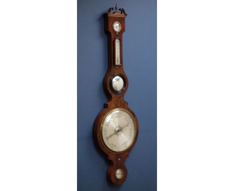 Early Victorian figured mahogany five dial aneroid barometer, swan neck neck pediment with turned brass finial, arched top th