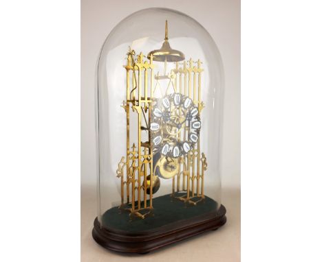 Gothic style brass Cathedral skeleton clock, pierced chapter with Roman enamel numerals in vignettes, single fusee movement s