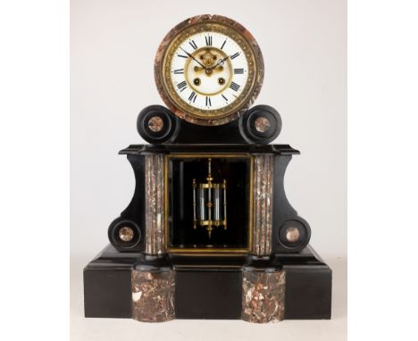 Victorian polished black slate mantel clock, architectural case with marble detail, circular Roman dial with visible Brocot e