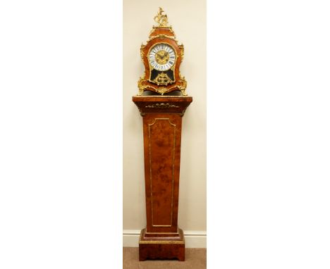 Louis XVI Rococo style gilt metal mounted cartouche shaped walnut clock, gilt dial with Roman numerals, twin train movement s