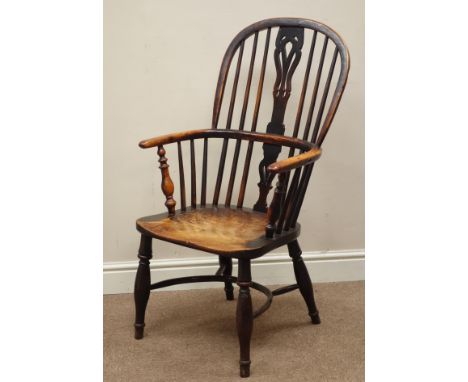 Late 18th century yew wood and elm high-back Windsor armchair, double hoop, shaped fret work splat and stick back, turned upr