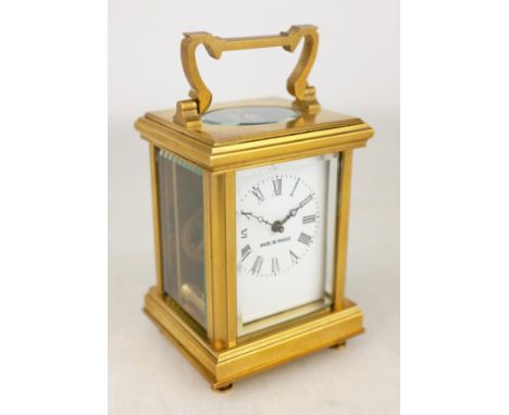 20th century miniature brass carriage timepiece, white enamel Roman dial inscribed 'Made in France', plain angular case and h