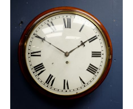 19th century mahogany cased wall clock, white convex Roman dial with brass bezel, single fusee movement, rear of dial with pe