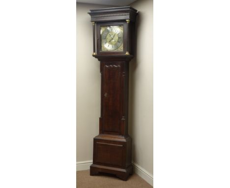 18th century oak longcase clock, square brass dial signed Eli Stancliffe, Honley, with faux subsidiary moonphase & date, hood