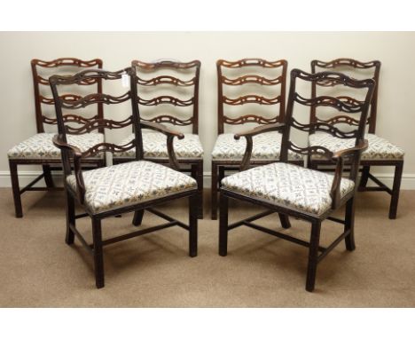 Set six Chippendale revival mahogany dining chairs, pierced waived ladder backs and stuffed over seats on carved chamfered su