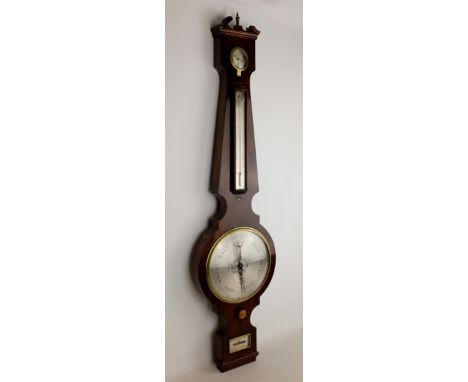 Early 19th century mahogany wheel barometer, swan-neck pediment with brass urn finial, case with silvered hygrometer, thermom