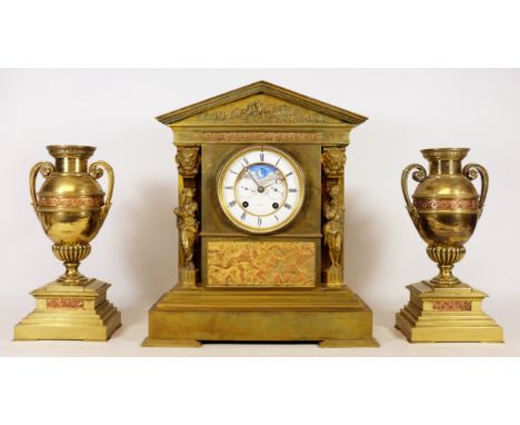 Late 19th brass Neoclassical clock garniture, inset with embossed metal friezes, white enamel moon phase dial with subsidiary