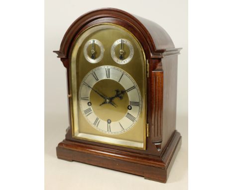Edwardian mahogany George III style bracket clock, break arch case with canted fluted corners, door with bevelled glass, trip