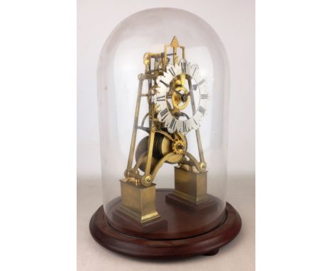 20th century brass skeleton clock with pierced silvered Roman chapter ring and single fusee movement, on circular mahogany pl