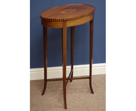 Edwardian inlaid mahogany oval lamp table, tapering splayed supports connected by x-shaped stretcher, raised checkered galler