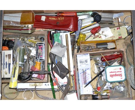 Three boxes of watch making tools; etc.