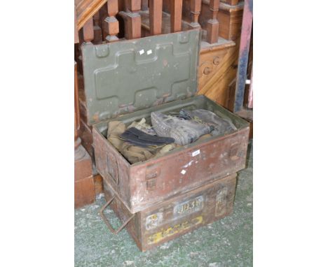 Two military tin trunks containing Royal Engineers WW2 battle dress including two pairs of trousers; one jacket; boots; offic