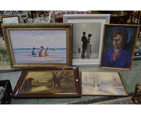 Pictures and Prints - K Carden (20th century), Ladies at the Beach, signed, oil on canvas, 61cm x 92cm, gilt frame; other oil