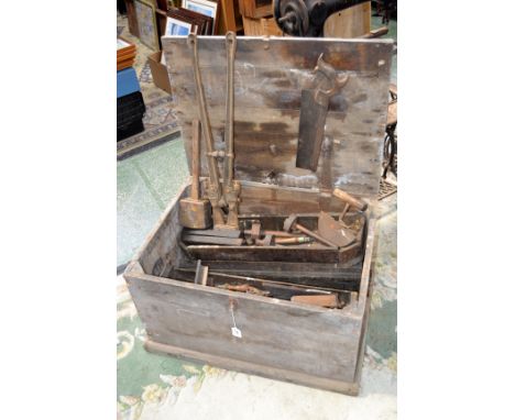 A carpenter's chest with a quantity of tools including tenon saw; mortise gauges; mallet etc.