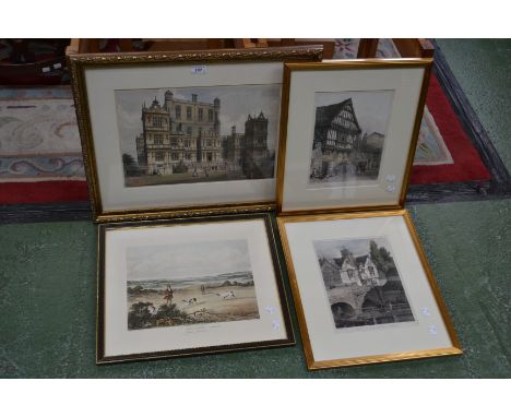 John Nash, after, Woollaton Hall, Nottingham, lithograph, dated 1841, 30cm x 42cm, framed; two lithographs of Leicester, fram