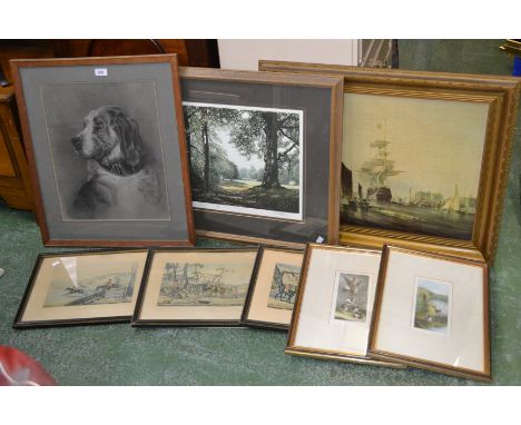 Pictures and Prints - a watercolour of a dog; hunting scenes; etc (9)