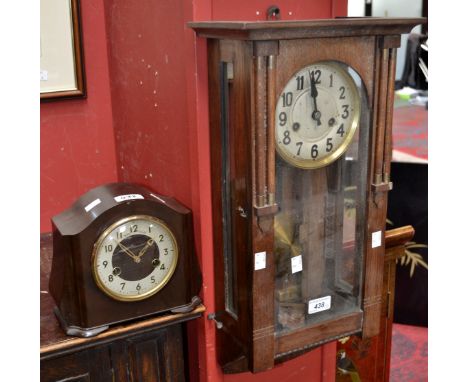 A 1930's oak wall clock; a Smiths bracket clock (2)