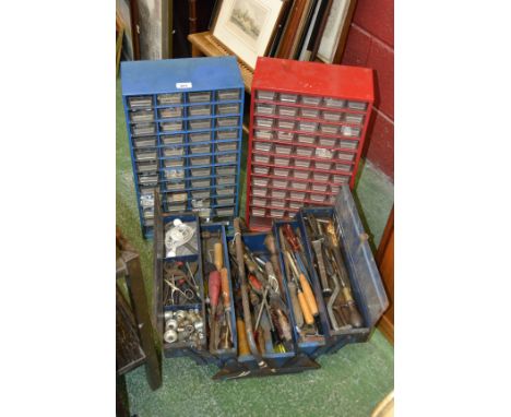 A metal tool box, carpentry and other hand tools, woodworking tools, hand drill, chisels, bolts, spoke shave, etc; two smalle