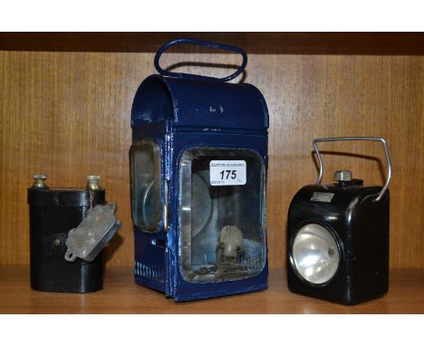 A 1930's bike lamp by GEC; a late Victorian painted coach candle lantern; etc. (3)