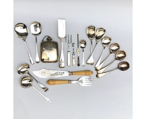 A pair of pierced and engraved Victorian fish servers with ivory handles, a pair of EPNS asparagus tongs, a spirit flask and 