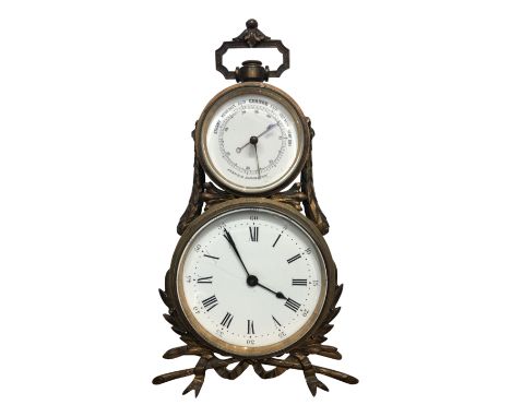 A French gilt metal clock barometer, late 19th century, with two circular enamelled dials, height 23cm.