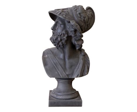 A cast metal head of an heroic warrior, height 26.5cm. From the estate of Ashley Barker OBE who was born in Hertfordshire in 