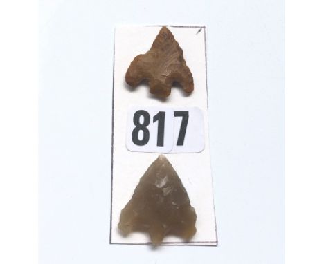 Two nice small flint Mesolithic arrow heads mounted on card, ex Dr M.G. Weller collection, found Co. Antrim, Northern Ireland